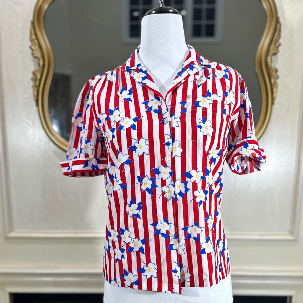 Vintage Silkhana Red White Striped‎ Floral Button-Up Shirt | 80s 90s Blouse M